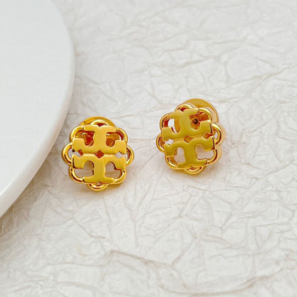 Tory Burch Minimalist Openwork Floral Logo Metal Stud Earrings
