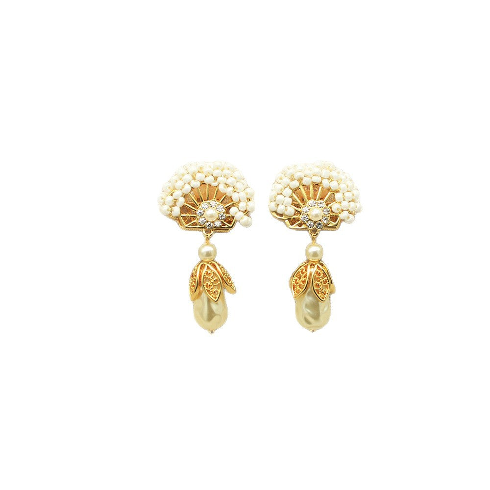 Fan-shaped pearl and gold crown earrings with teardrop pearl dangles, pair
