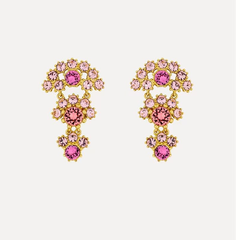 Crystal arched fan-layered stud earrings, gold-tone with pink stones