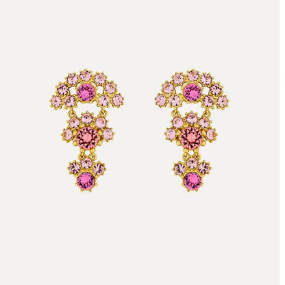 Crystal arched fan-layered stud earrings, gold-tone with pink stones