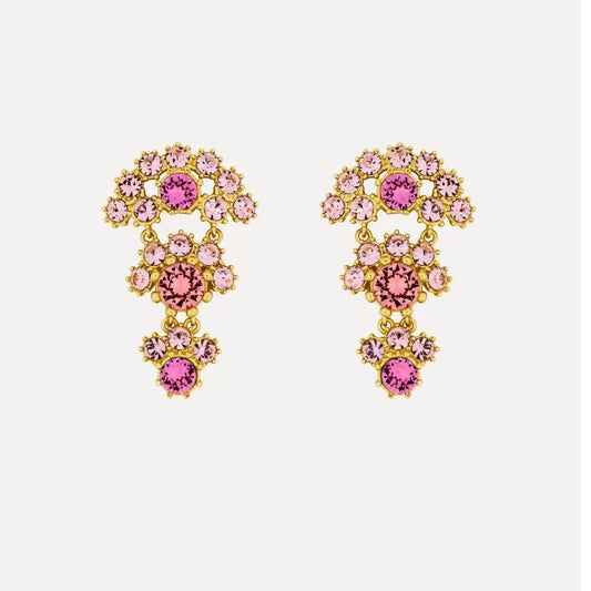 Crystal arched fan-layered stud earrings, gold-tone with pink stones