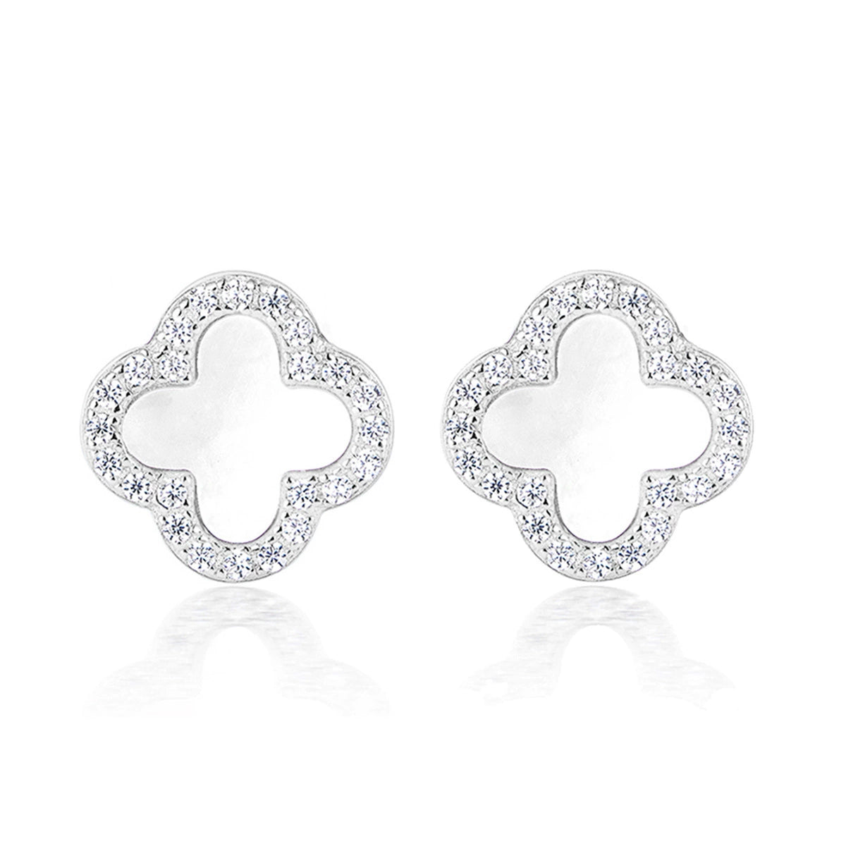 Four-leaf clover stud earrings in silver tone with iridescent center and sparkle rim