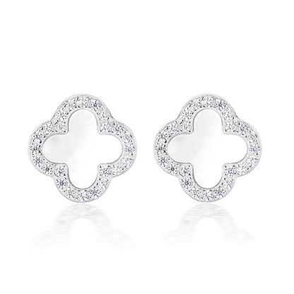 Four-leaf clover stud earrings in silver tone with iridescent center and sparkle rim
