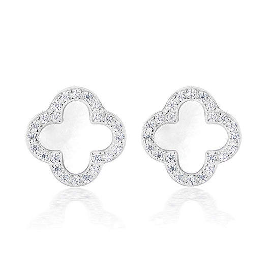 Four-leaf clover stud earrings in silver tone with iridescent center and sparkle rim