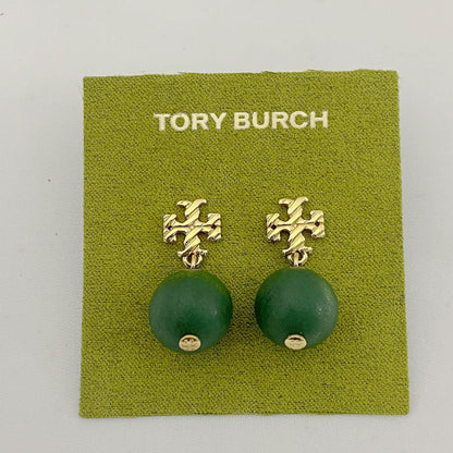 Tory Burch logo beaded pendant earrings, green round beads, gold tone logo studs