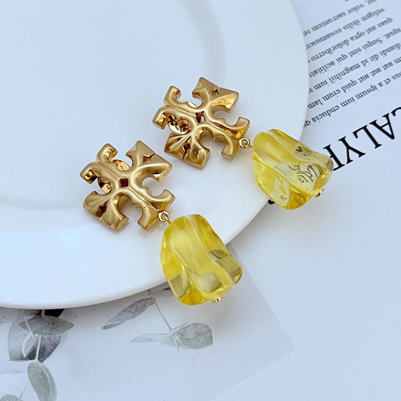 Gold-tone logo pendant earrings with yellow acrylic drop charms