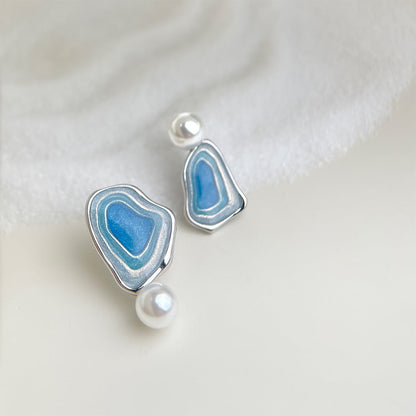 Pair of blue enamel drop earrings with white pearls on silver-tone studs