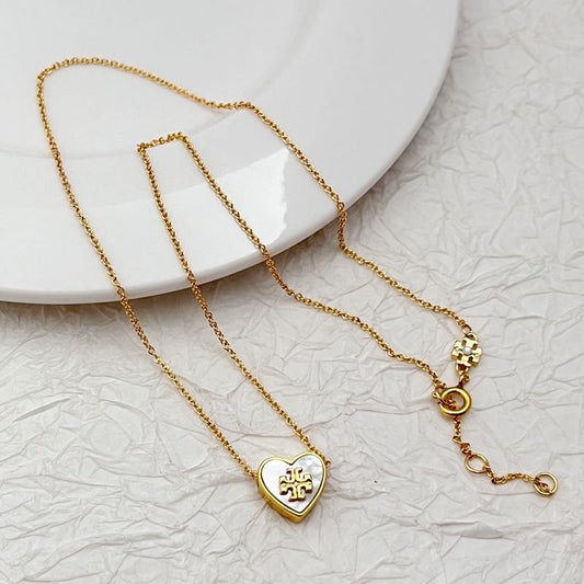 Tory Burch Natural Shell Inlaid Heart Logo Stud Earrings Necklace Set