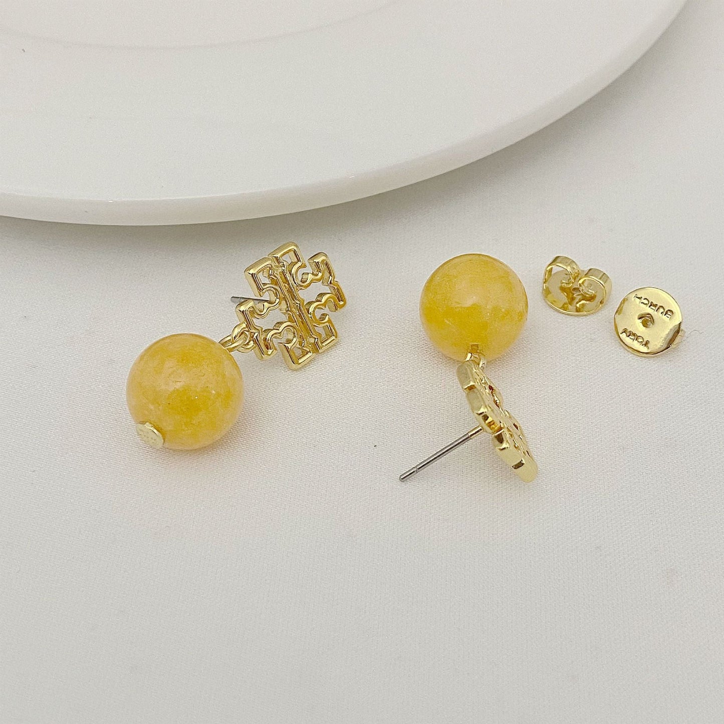 Tory Burch Fresh Sweet Agate Bead Metal Pendant Earrings