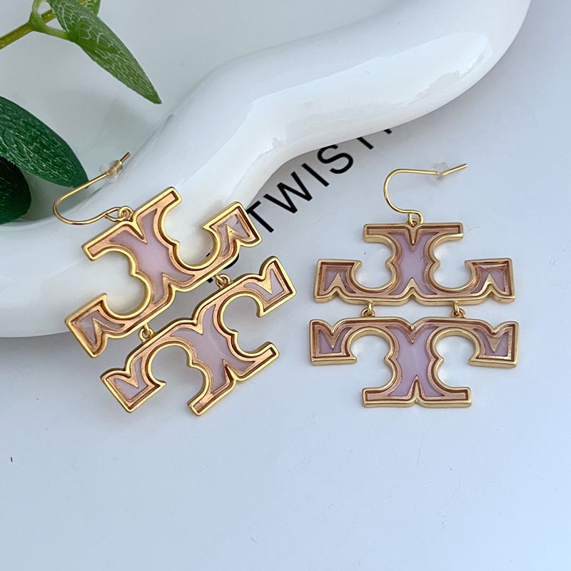 Acrylic logo drop earrings with gold-tone hooks and purple cutout logo shapes