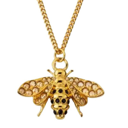 Gold bee pendant necklace with diamond-like embellishment, linked chain and clasp loop