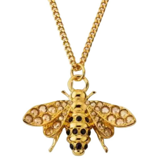 Gold bee pendant necklace with diamond-like embellishment, linked chain and clasp loop