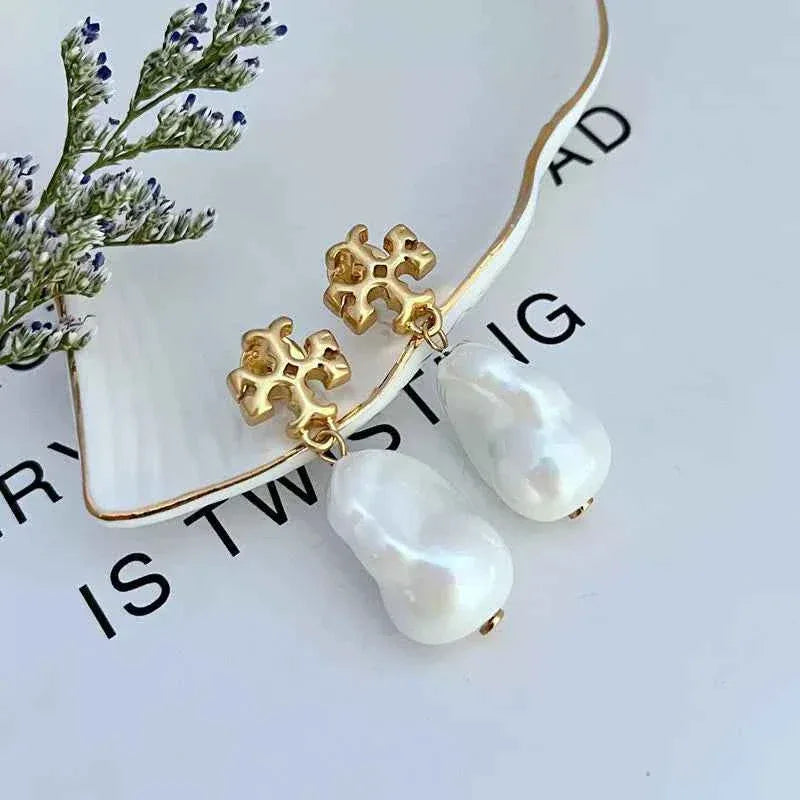 Tory Burch Baroque Pearl Logo Pendant Earrings women - JIMMY JEWELRY 01