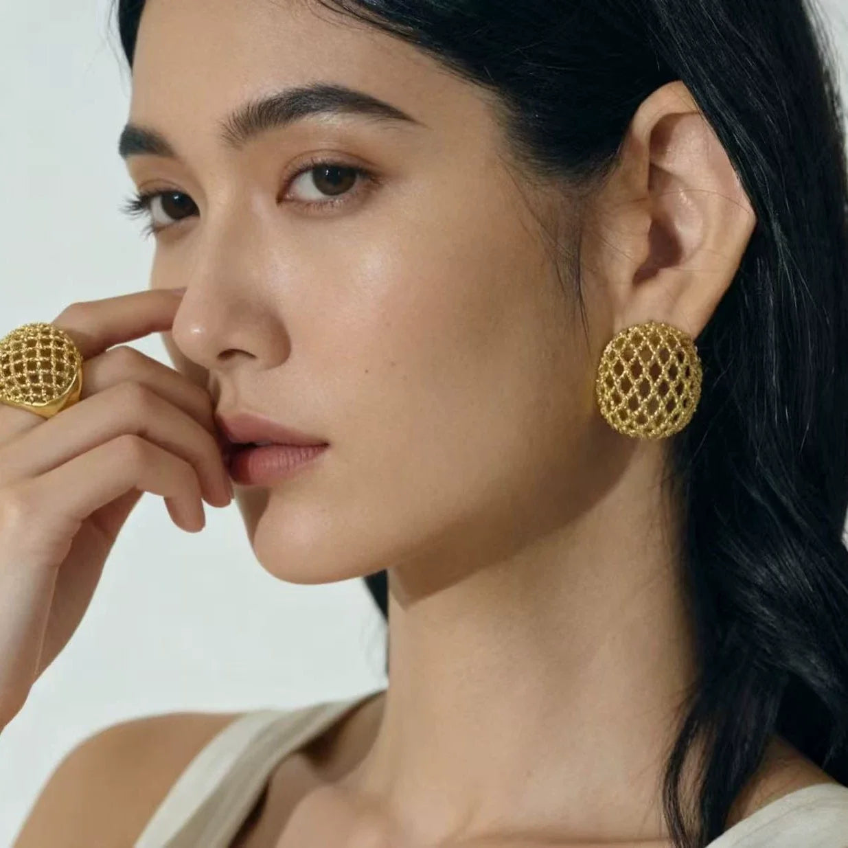 plated 18K gold dreamcatcher Openwork earrings and ring
