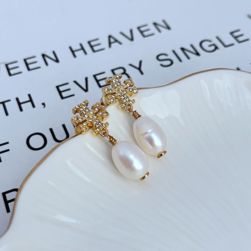 Tory Burch Rhinestone Natural Pearl Pendant Earrings