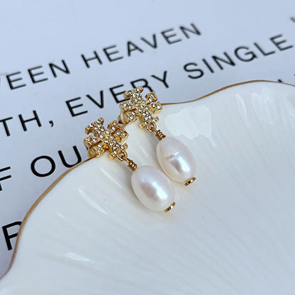 Tory Burch Rhinestone Natural Pearl Pendant Earrings