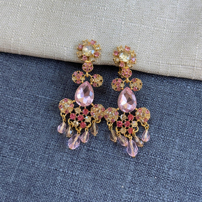 Long clip-on rhinestone tassel earrings with pink stones and crystal drops
