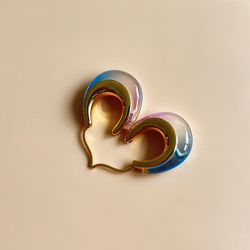 Ombré U-shaped hoop earrings, gold-tone edges; blue, pink, and amber resin gradient pair
