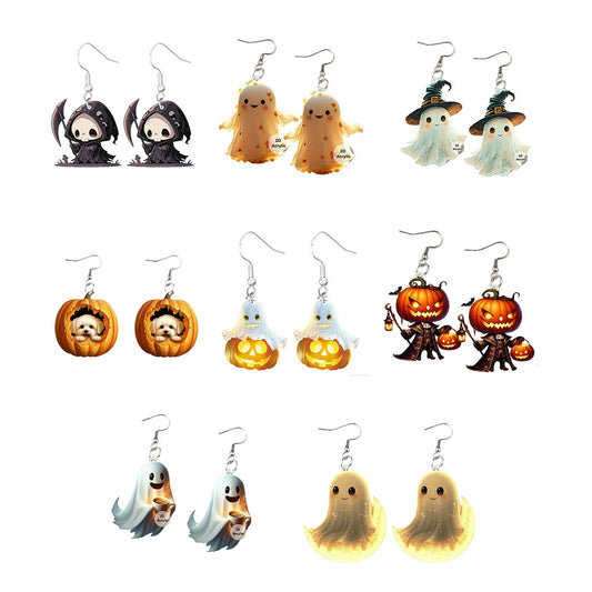 S925 Sterling Silver Halloween Earrings with Ghost, Pumpkin, Skeleton Acrylic Pendants