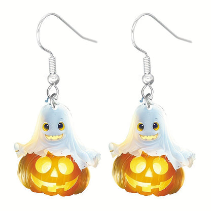 S925 Sterling Silver Halloween Earrings with Ghost, Pumpkin, Skeleton Acrylic Pendants