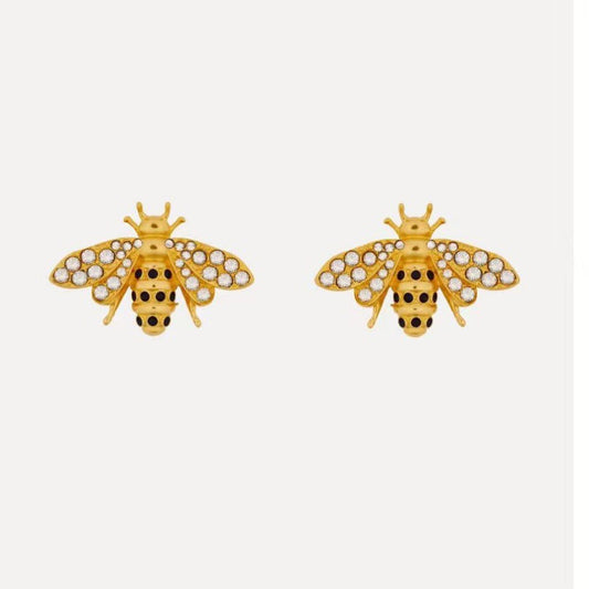 Bee insect earrings with gold-tone body and clear crystal wings, stud style