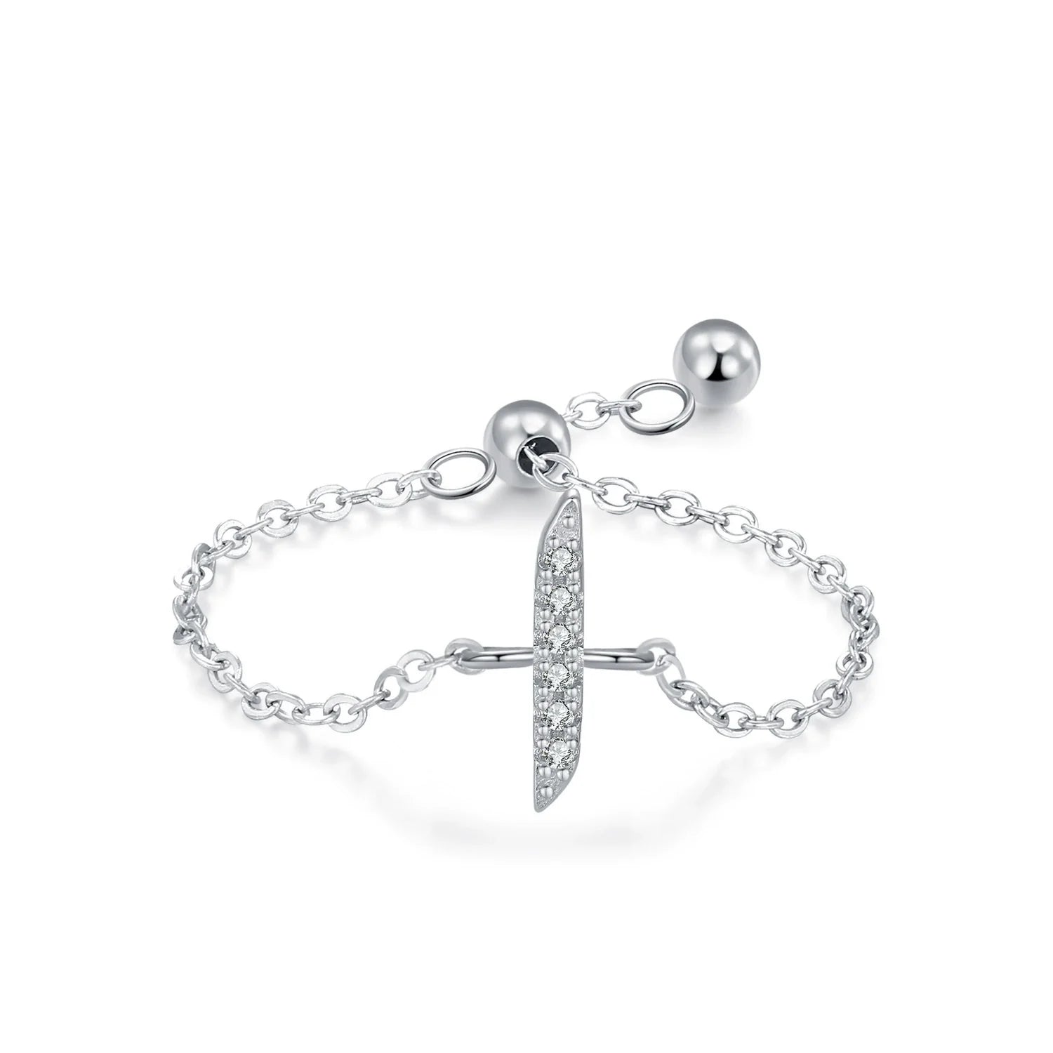 Silver-tone adjustable chain ring with pavé CZ Arabic letter charm and round ball details