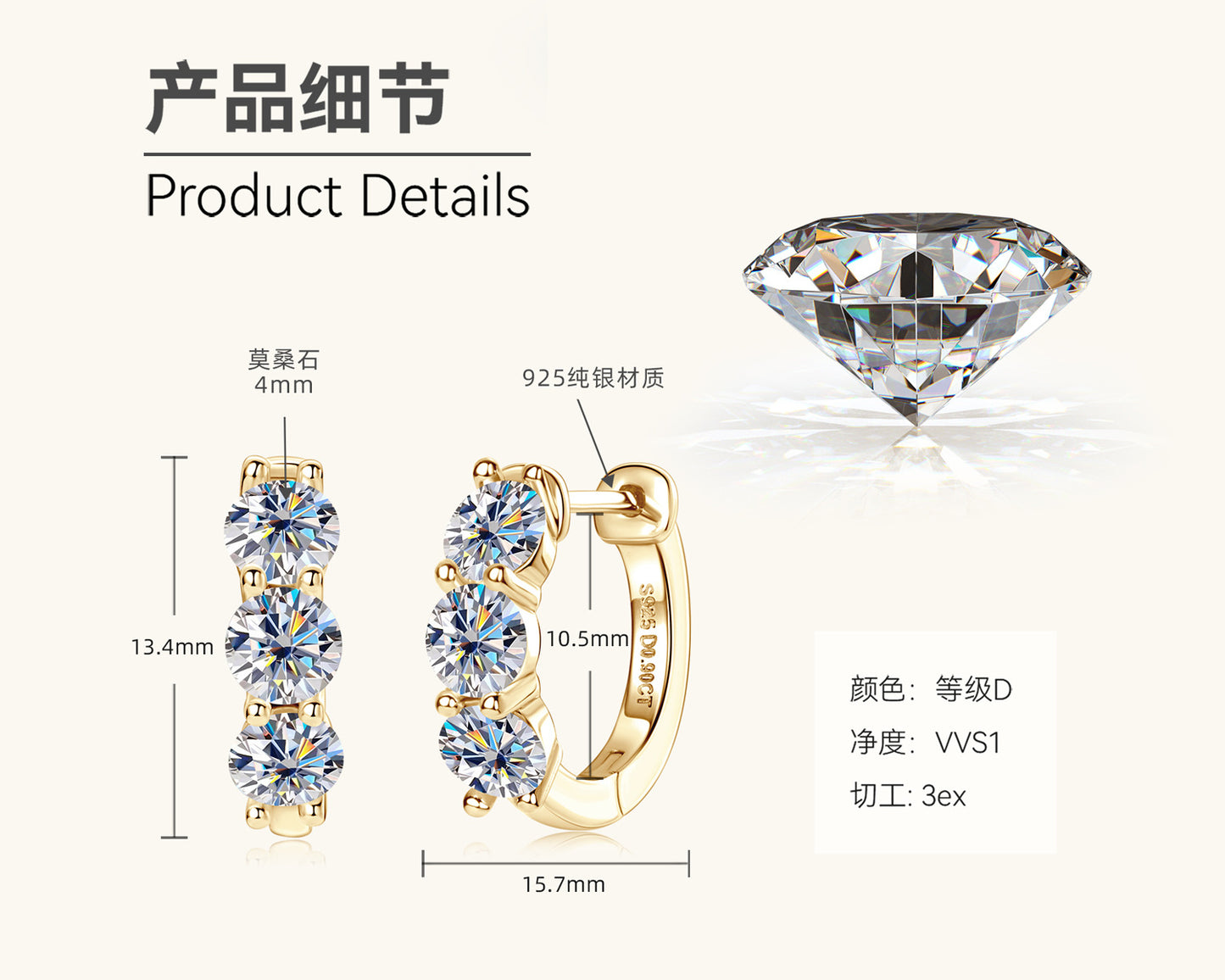 Three-Stone Moissanite Huggies