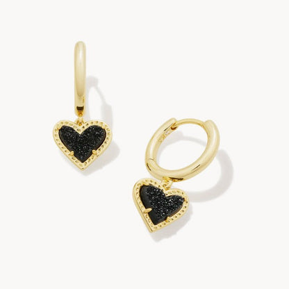 Gold heart pendant hoop earrings with black stone heart and glittery gold bezel trim