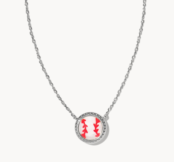 Silver-tone sports pendant necklace with white softball charm and red icons