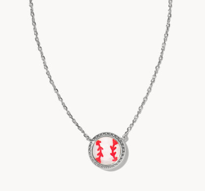 Silver-tone sports pendant necklace with white softball charm and red icons