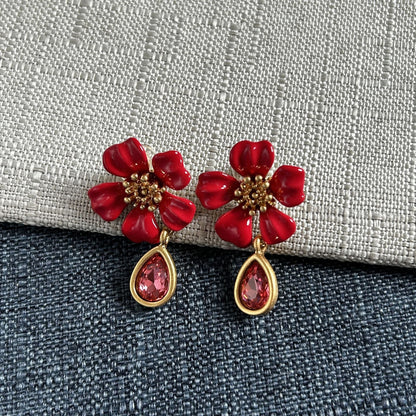Oscar de la Renta Vintage Floral Enamel and Crystal Stud Earrings