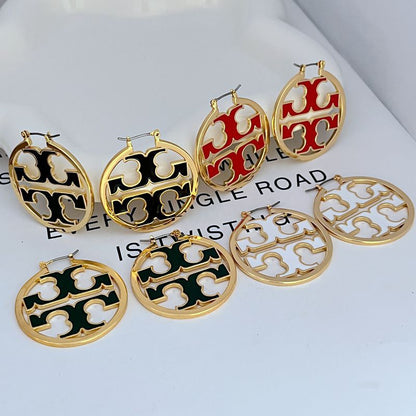 Tory Burch Exquisite Enamel Logo Round Metal Large Earrings