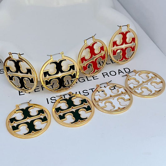 Tory Burch Exquisite Enamel Logo Round Metal Large Earrings