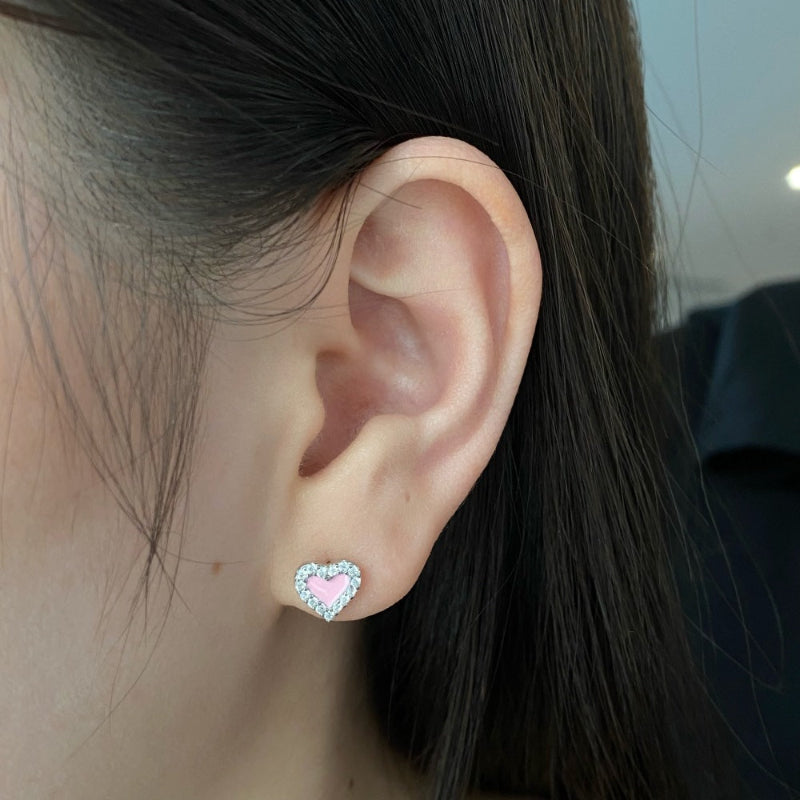 Crystal Pave Gold Heart Earrings with Pink Enamel

