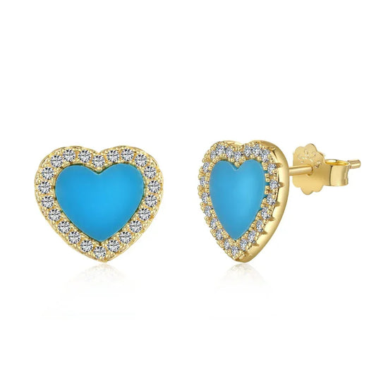 Heart stud earrings with blue enamel center and diamond halo, gold-tone setting