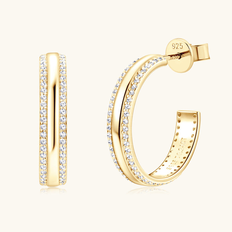 925 Sterling Silver Moissanite Curved Bar Hoops (Gold Tone)

