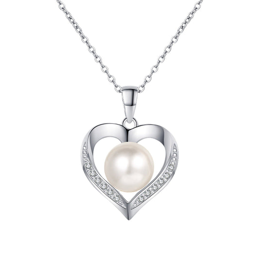 Open Heart Pearl Necklace with Crystals

