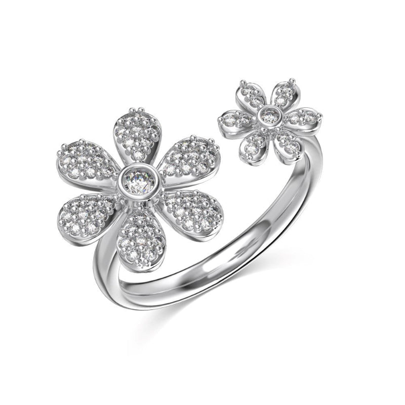 Modern Flower Bypass Ring with Crystals

