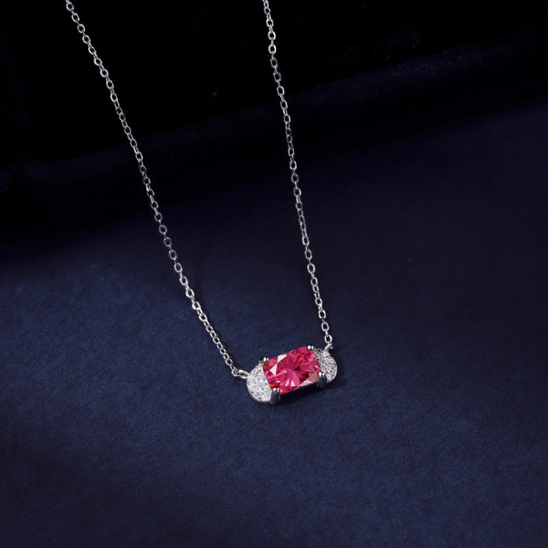 Sophisticated Silver Clean Line Pink Crystal Necklace with Pave Sides

