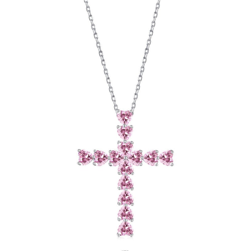 Sterling Silver Cross with Pink Zircon Hearts

