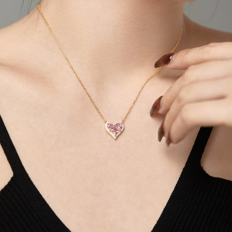 Gold Tone Pink Crystal Heart Necklace

