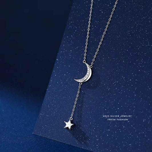 S925 Sterling Silver Star Moon Diamond Necklace - JIMMY JEWELRY 01