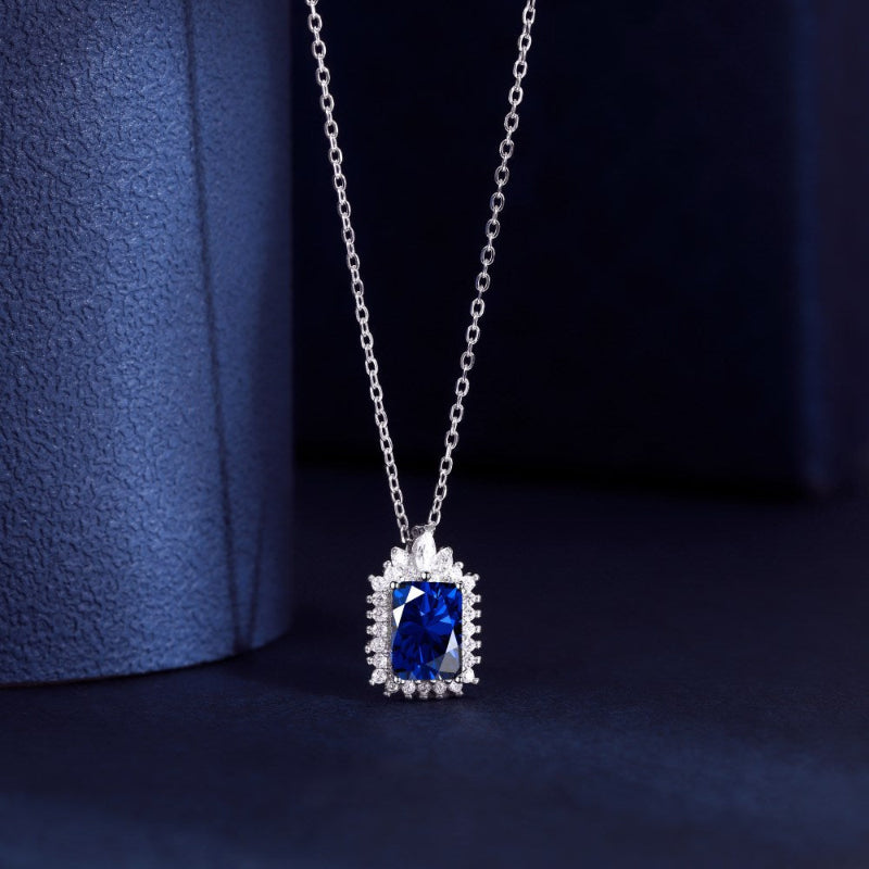 Contemporary Silver Vintage Style Blue Halo Rectangular Pendant


