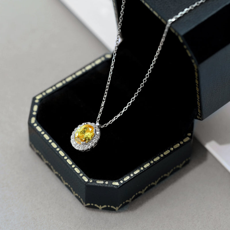 Contemporary Silver Oval Yellow Crystal and White Zirconia Necklace

