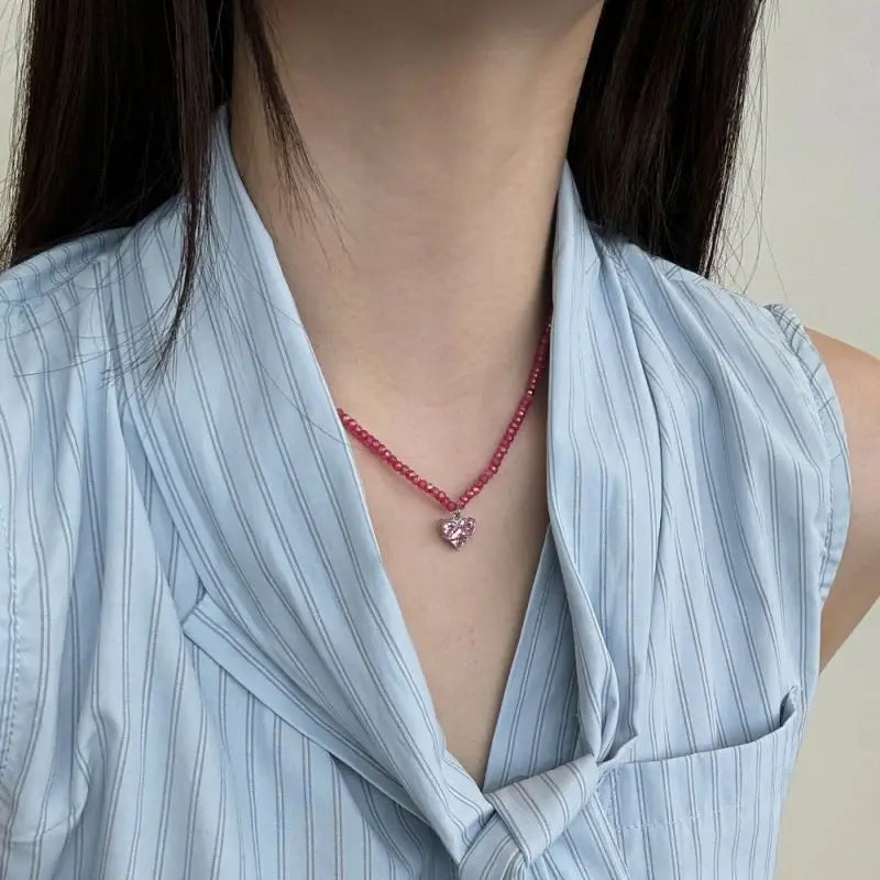 Beaded Ruby Heart Choker

