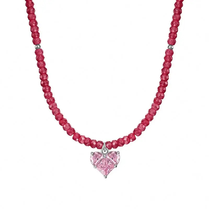 Crimson Bead and Pink Heart Necklace

