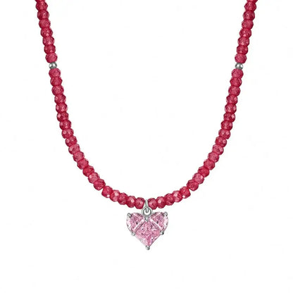 Crimson Bead and Pink Heart Necklace

