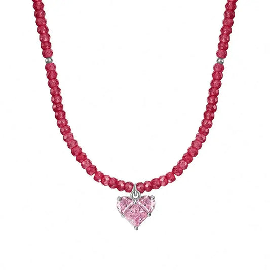 Crimson Bead and Pink Heart Necklace

