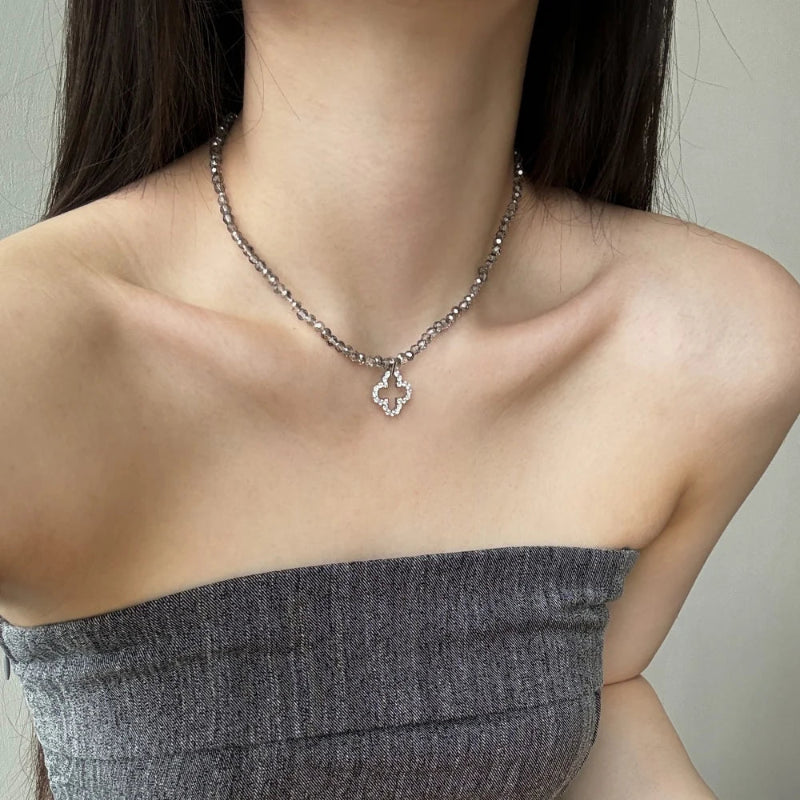 Rhinestone Clover Beaded Necklace

