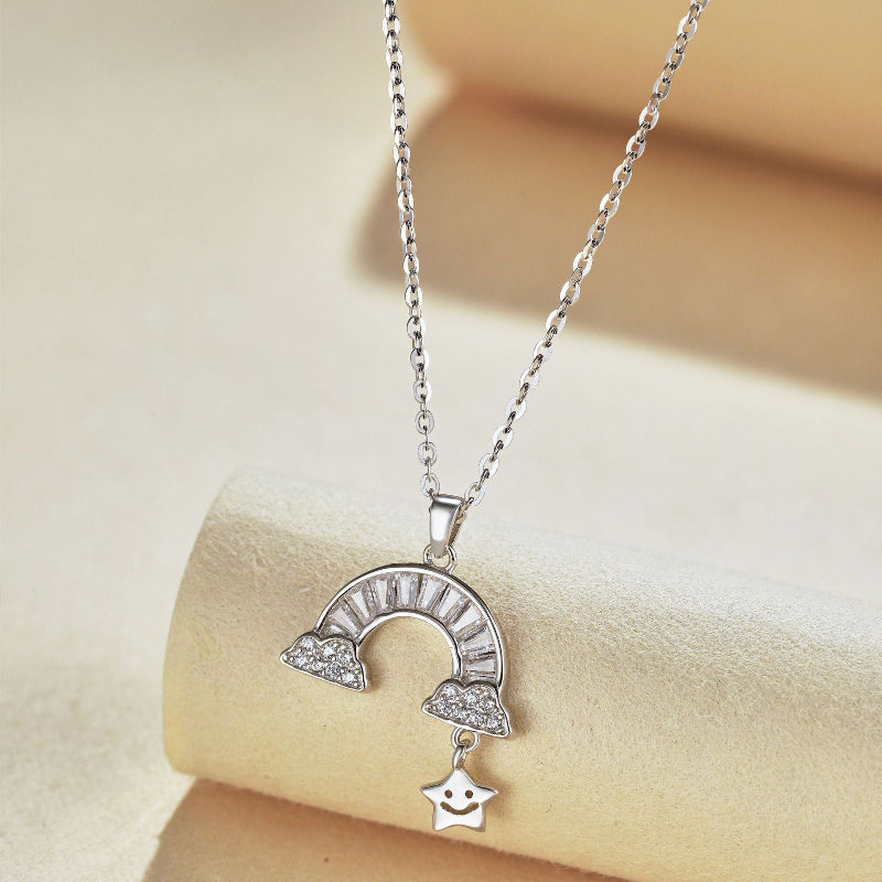 Luminous Silver Happy Rainbow and Star Drop Necklace


